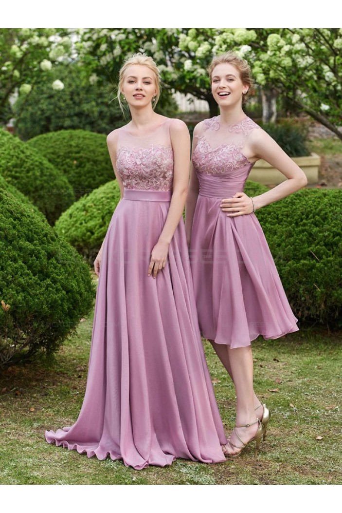 A Line Lace Chiffon Illusion Neckline Short Wedding Guest Dresses Bridesmaid Dresses 3010220