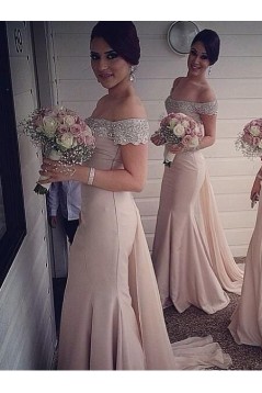 Trumpet/Mermaid Off-the-Shoulder Beaded Long Bridesmaid Dresses 3010272