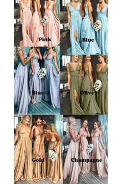 A-Line Floor Length V-Neck Long Bridesmaid Dresses with Slit 3010279