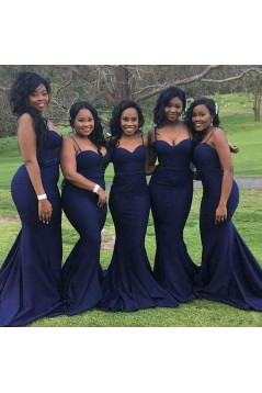 Mermaid Spaghetti Straps Navy Blue Long Bridesmaid Dresses 3010305