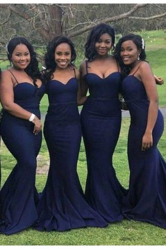 Mermaid Spaghetti Straps Navy Blue Long Bridesmaid Dresses 3010305