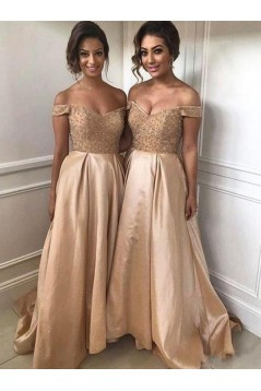 A-Line Beaded Off-the-Shoulder Long Bridesmaid Dresses 3010347