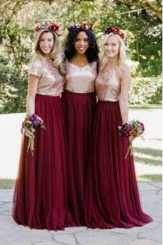 A-Line Sequins and Tulle Long Bridesmaid Dresses 3010378