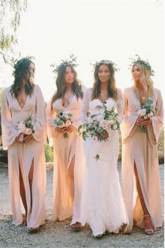 Sheath V-Neck Long Sleeves Chiffon Long Bridesmaid Dresses 3010384