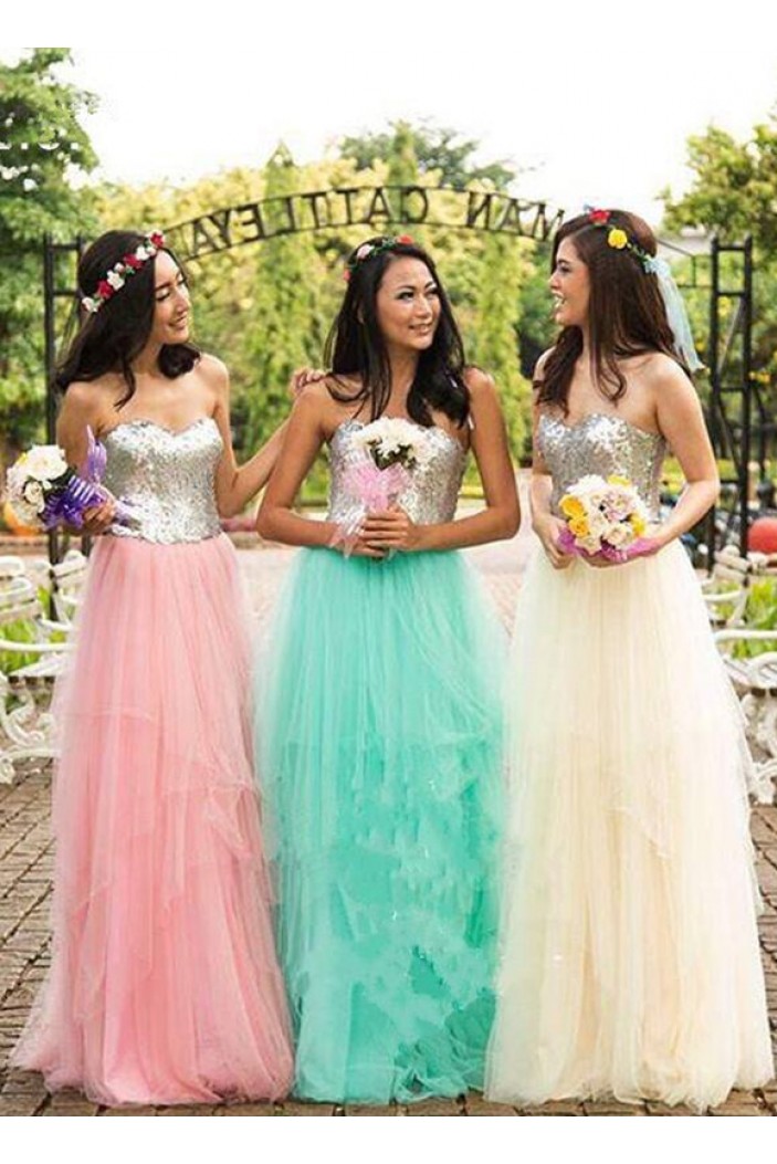 A-Line Sequins and Tulle Floor Length Bridesmaid Dresses 3010476