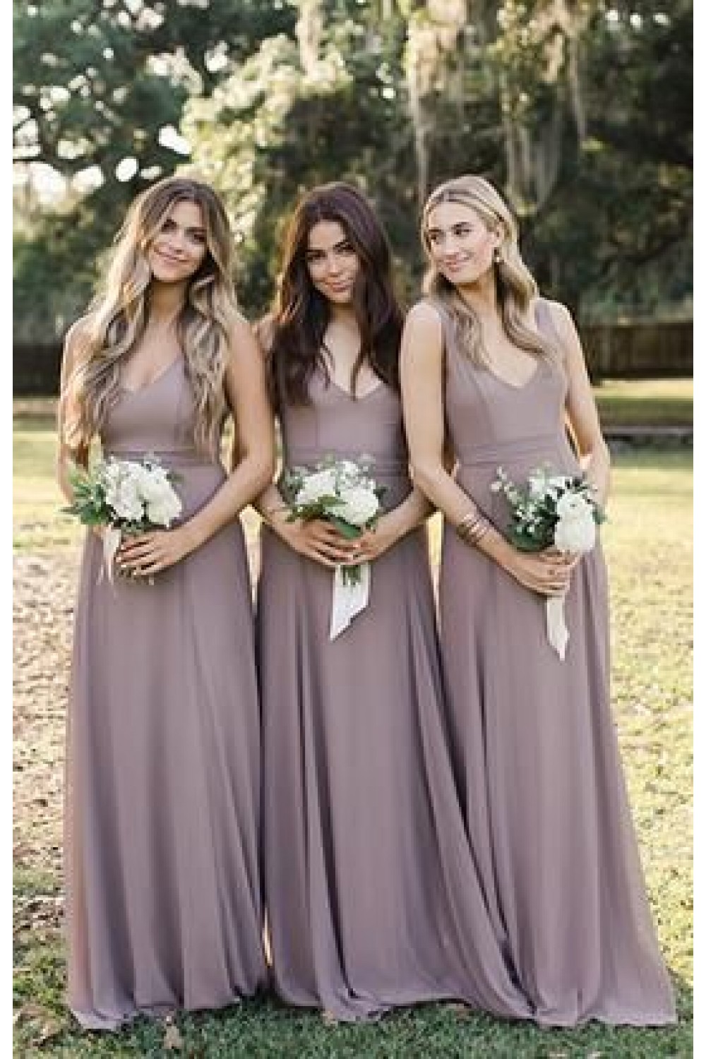 A-Line V-Neck Floor Length Bridesmaid Dresses 3010479