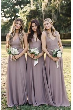 A-Line V-Neck Floor Length Bridesmaid Dresses 3010479