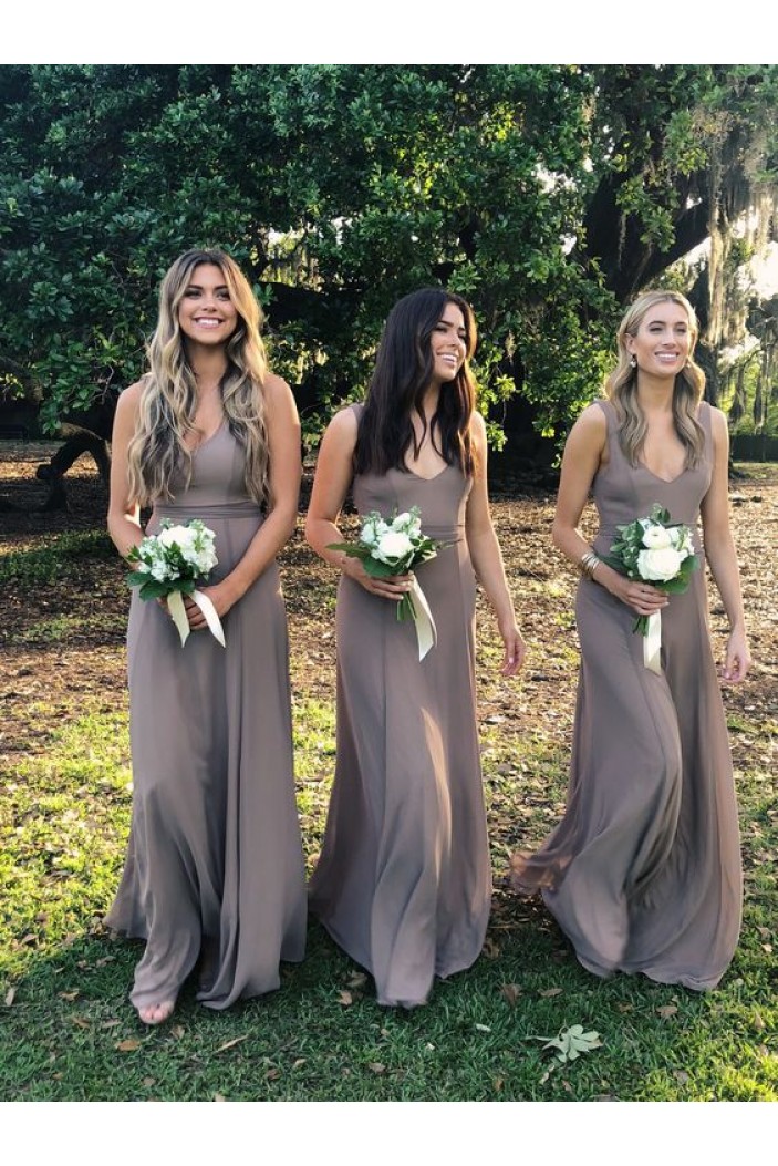 A-Line V-Neck Floor Length Bridesmaid Dresses 3010479