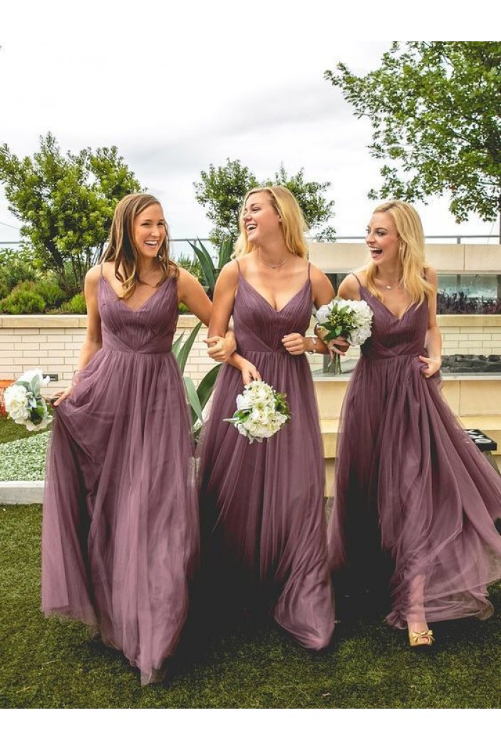 A-Line V-Neck Spaghetti Straps Floor Length Bridesmaid Dresses 3010480