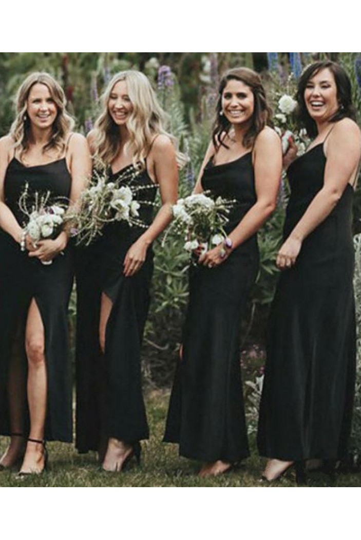 Sheath Spaghetti Straps Long Black Bridesmaid Dresses 3010521