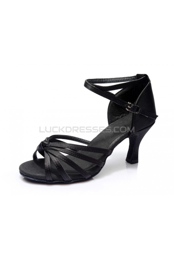 Women's Black Satin Heels Sandals Latin Salsa With Ankle Strap Dance Shoes D602003