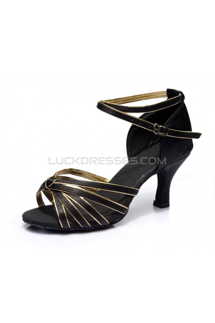 Women's Black Gold Satin Heels Sandals Latin Salsa With Ankle Strap Dance Shoes D602012