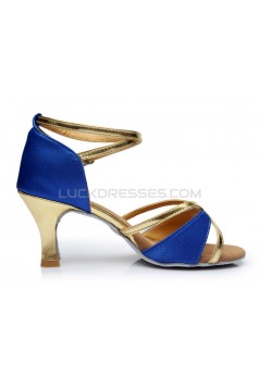 Women's Blue Gold Satin Heels Sandals Latin Salsa With Ankle Strap Dance Shoes D602018