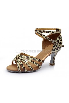 Women's Leopard Satin Heels Sandals Latin Salsa With Ankle Strap Dance Shoes D602022