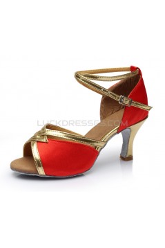 Women's Red Satin Heels Sandals Latin Salsa With Ankle Strap Dance Shoes D602025