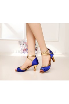 Women's Heels Blue Gold Satin Leatherette Modern Ballroom Latin Salsa Ankle Strap Dance Shoes D901012