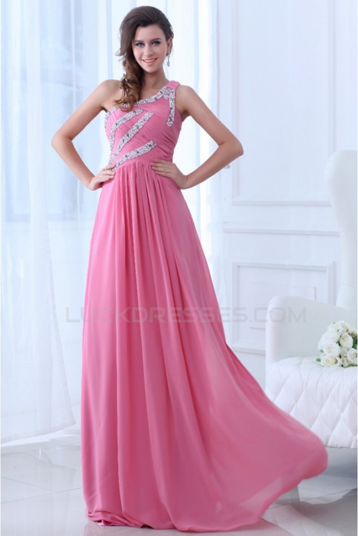 A-Line One-Shoulder Long Pink Beaded Chiffon Prom Evening Formal Party Dresses ED010002