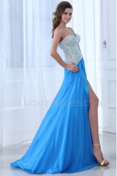 A-Line Sweetheart Beaded Long Blue Chiffon Prom Evening Formal Party Dresses ED010004