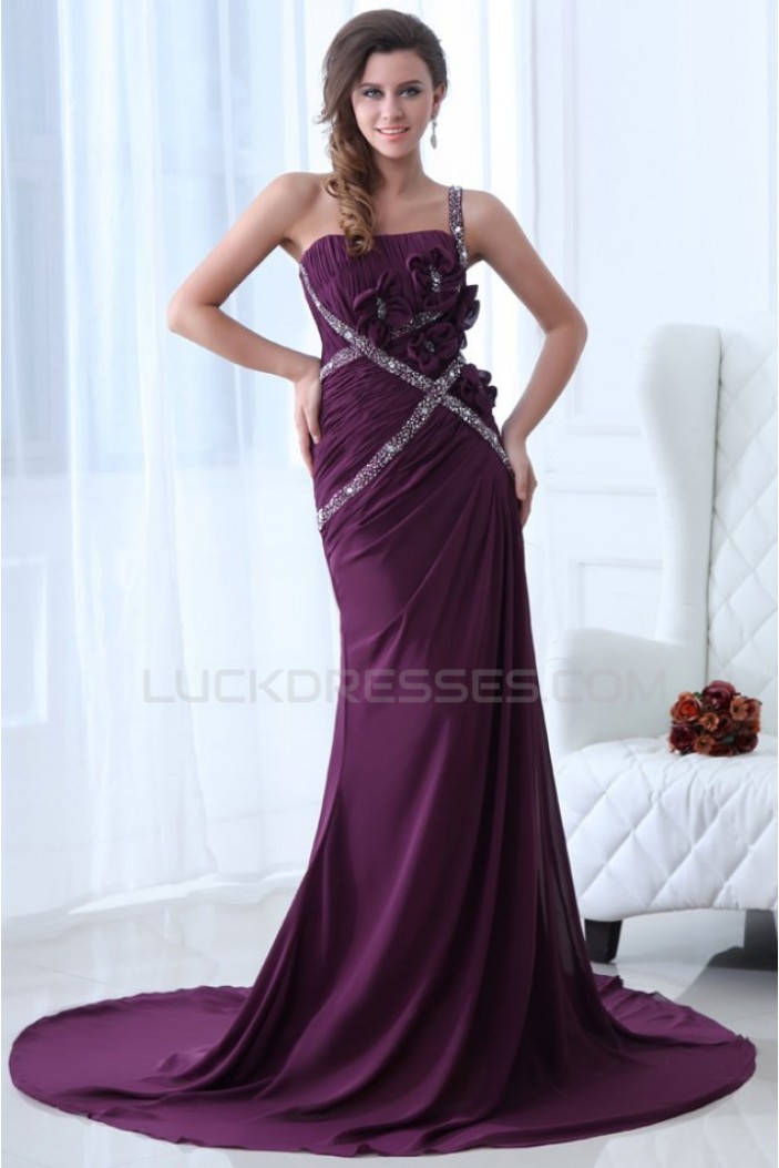 Sheath One-Shoulder Beaded Long Chiffon Prom Evening Formal Party Dresses ED010005