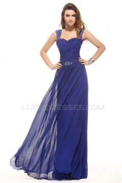 A-Line Beaded Long Blue Chiffon Prom Evening Formal Party Dresses ED010008