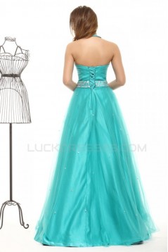 A-Line Halter Long Beaded Blue Prom Evening Formal Party Dresses ED010023