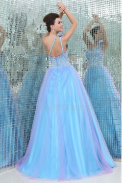 A-Line One-Shoulder Beaded Long Blue Prom Evening Formal Party Dresses ED010024