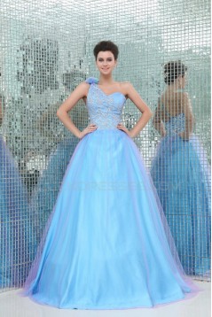 A-Line One-Shoulder Beaded Long Blue Prom Evening Formal Party Dresses ED010024