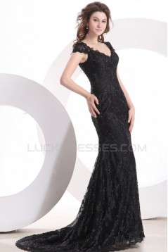 Cap Sleeve Long Black Lace Prom Evening Formal Party Dresses ED010033