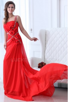 Sheath One-Shoulder Beaded Long Red Chiffon Prom Evening Formal Party Dresses ED010058