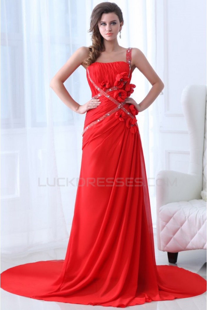 Sheath One-Shoulder Beaded Long Red Chiffon Prom Evening Formal Party Dresses ED010058