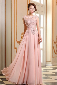 A-Line Beaded Applique Long Chiffon Prom Evening Formal Dresses ED010076