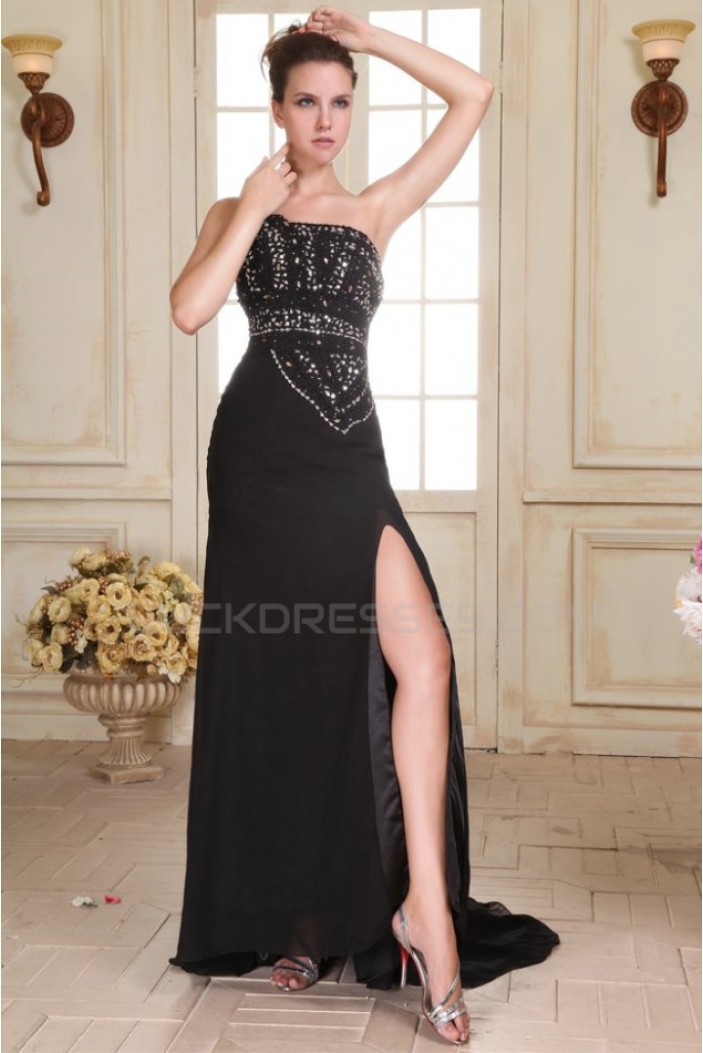 Long Black Chiffon Beaded Prom Evening Formal Party Dresses ED010078
