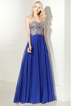 A-Line Sweetheart Lace Appliques Long Blue Prom Evening Formal Party Dresses ED010086