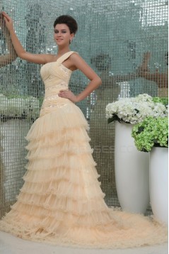 A-Line One-Shoulder Long Yellow Prom Evening Formal Party Dresses ED010087