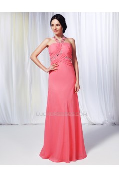 Sheath/Column Beaded Long Pink Chiffon Prom Evening Formal Dresses ED011002