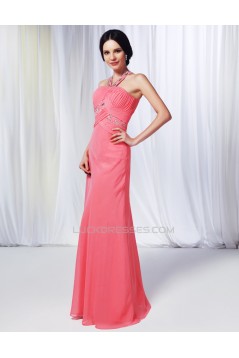 Sheath/Column Beaded Long Pink Chiffon Prom Evening Formal Dresses ED011002