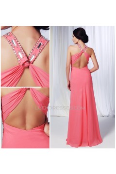 Sheath/Column Beaded Long Pink Chiffon Prom Evening Formal Dresses ED011002