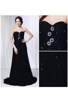 A-Line Sweetheart Beaded Long Black Chiffon Prom Evening Formal Dresses ED011014