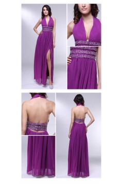 A-Line Halter Beaded Split-Front Long Purple Chiffon Prom Evening Formal Dresses ED011017