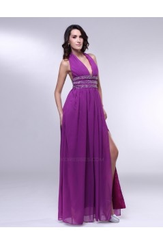 A-Line Halter Beaded Split-Front Long Purple Chiffon Prom Evening Formal Dresses ED011017