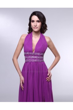 A-Line Halter Beaded Split-Front Long Purple Chiffon Prom Evening Formal Dresses ED011017