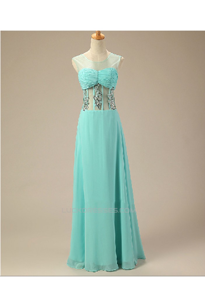 A-Line Jewel Beaded Long Blue Chiffon Prom Evening Formal Dresses ED011024