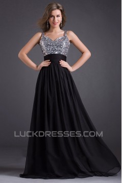 A-Line Beaded Sequins Long Black Chiffon Prom Evening Formal Dresses ED011029