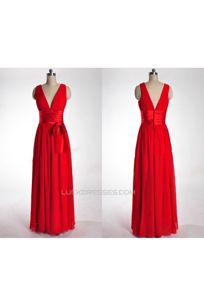 A-Line V-Neck Long Red Chiffon Prom Evening Formal Bridesmaid Dresses ED011034