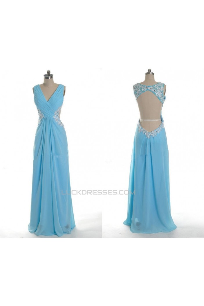 Sheath/Column V-Neck Beaded Applique Long Blue Chiffon Prom Evening Formal Dresses ED011035