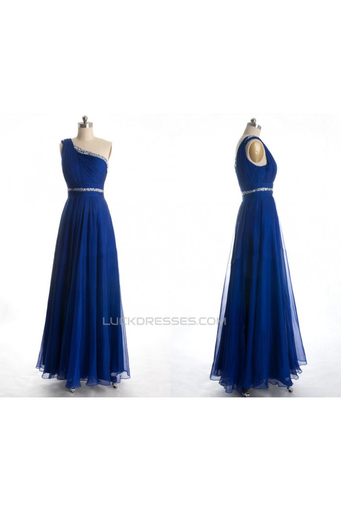 A-Line One-Shoulder Beaded Long Blue Chiffon Prom Evening Formal Dresses ED011038