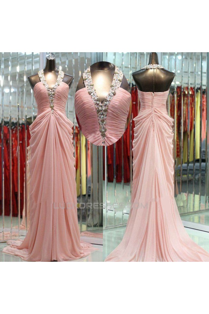 Sheath/Column Halter Beaded Long Pink Chiffon Prom Evening Formal Dresses ED011040