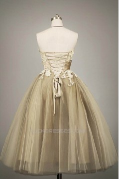 A-Line Strapless Tea Length Tulle Prom Evening Formal Dresses ED011058