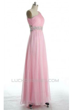 A-Line One-Shoulder Beaded Long Pink Chiffon Prom Evening Formal Dresses ED011077