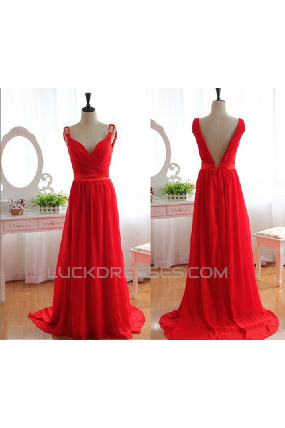 A-Line Long Red Chiffon Prom Evening Formal Dresses ED011079